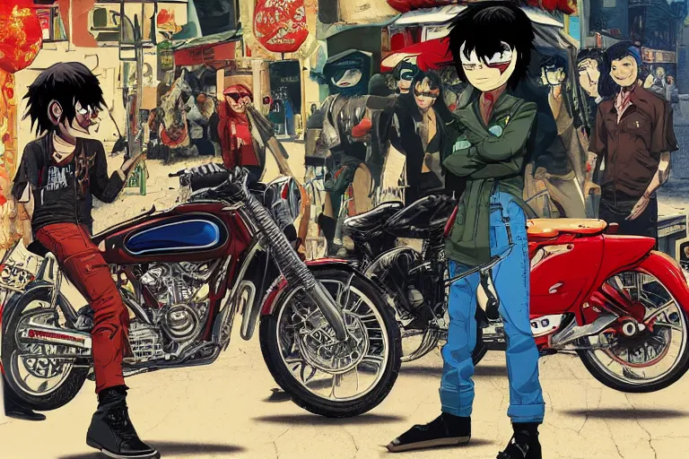 Image similar to pizza restaurant, akira's motorcycle, gorillaz, poster, 8k