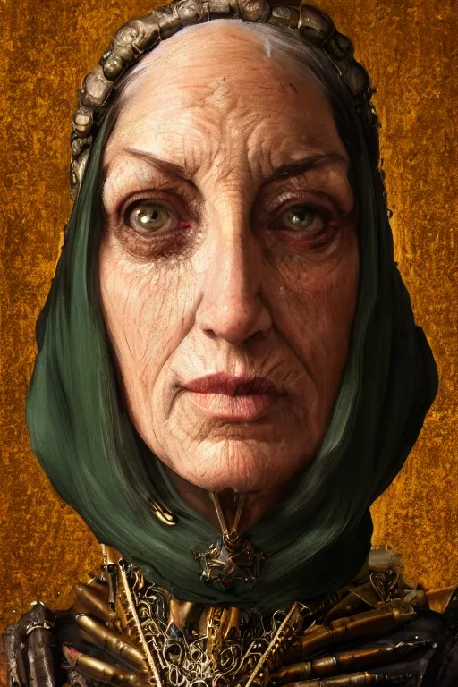 Prompt: portrait, headshot, digital painting, of a 17th century, beautiful, middle aged, middle eastern, wrinkles, decadent, cyborg merchant woman, dark hair, amber jewels, baroque, ornate dark green techwear clothing, scifi, futuristic, realistic, hyperdetailed, concept art, chiaroscuro, side lighting, art by waterhouse