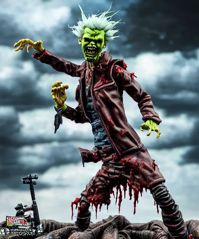 Image similar to hyperrealistic rendering, epic boss battle, punk rock zombie, by art of skinner and richard corben, product photography, collectible action figure, sofubi, hottoys, storm clouds, outside, lightning