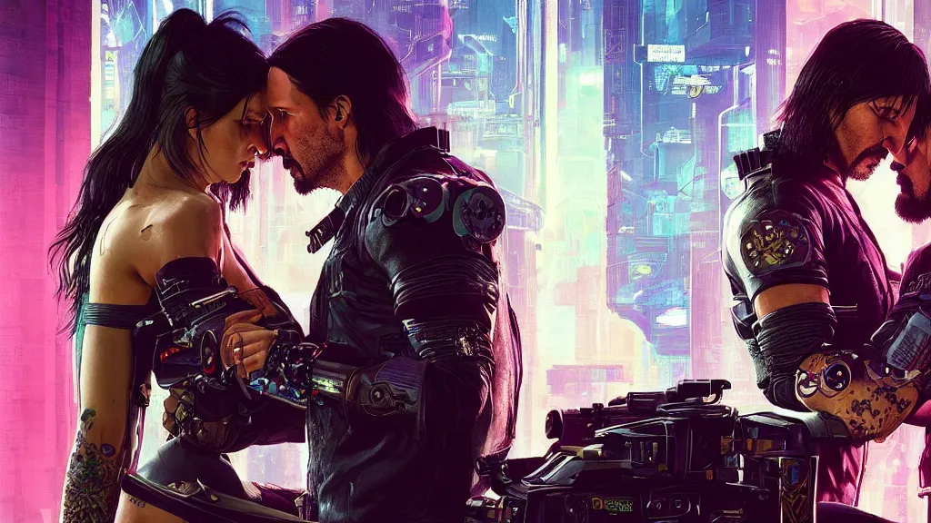 Image similar to a cyberpunk 2077 srcreenshot couple portrait of Keanu Reeves and V final kiss,love,film lighting,by Laurie Greasley,Lawrence Alma-Tadema,Andrei Riabovitchev,Dan Mumford,John Wick,Speed,Replicas,artstation,deviantart,FAN ART,full of color,Digital painting,face enhance,highly detailed,8K,octane,golden ratio,cinematic lighting