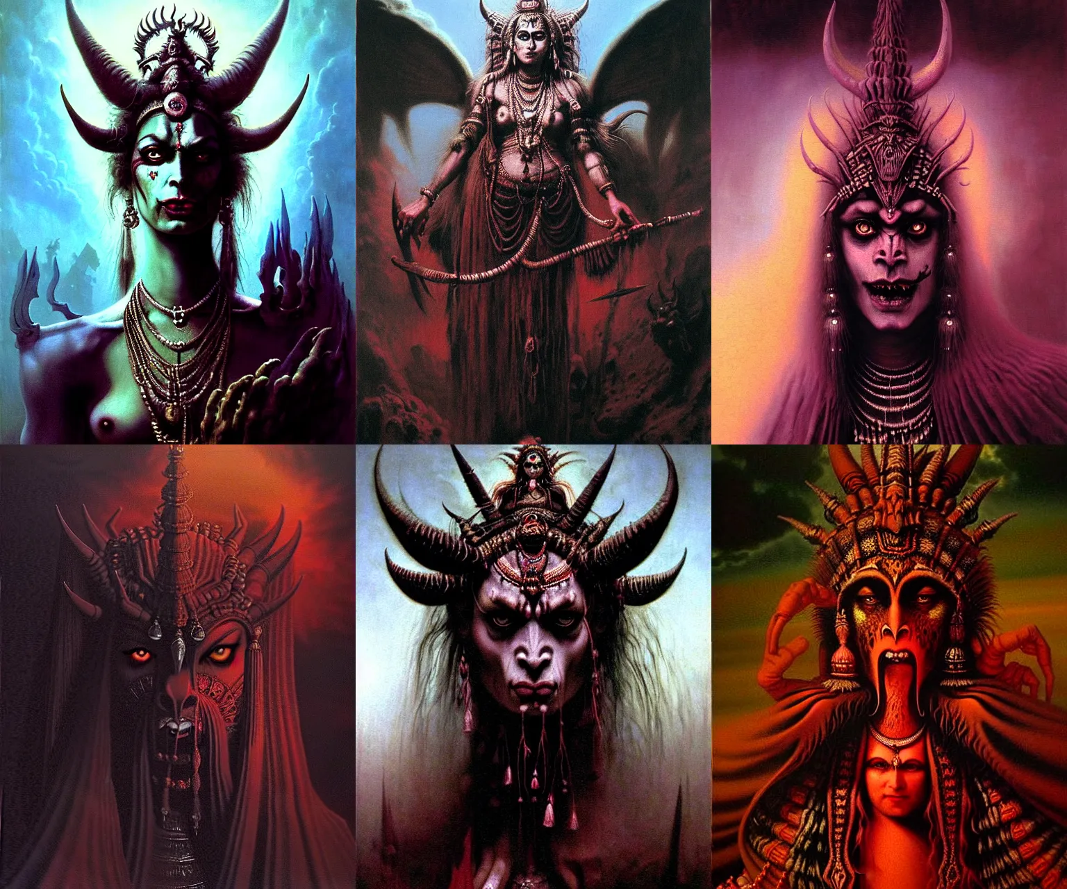 Prompt: A cinematic gothic closeup portrait of the majestic mystical colossal Indian Hindu Demon Satan goddess of evil princess of devil mistress of Death, by Rembrandt van Rijn, by Wayne Barlowe, by Paul Lehr, by Bruce Pennington, by Zdzisław Beksiński, oil on canvas, masterpiece, trending on artstation, featured on pixiv, cinematic composition, dramatic pose, beautiful lighting, sharp, details, details, hyper-detailed, no frames, 8K