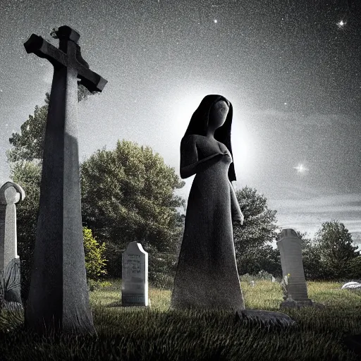 Prompt: ghostly woman stands by a gravestone in an immense graveyard, highly detailed, high resolution, graveyard, digital art, nighttime