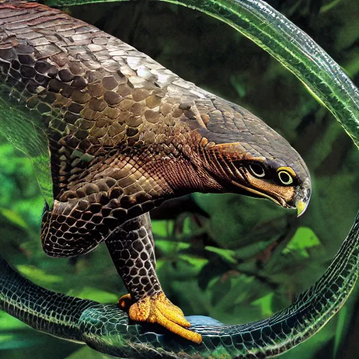 Image similar to hawk and anaconda morphed together, half anaconda half hawk, reptilian and avian features, real photo taken in zoo, highly detailed