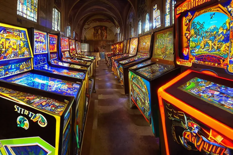 Image similar to the sistine chapel sanctuary converted into a retro videogame arcade with pinball tables, game cabinets, pachinko contraptions, crowded room of people playing