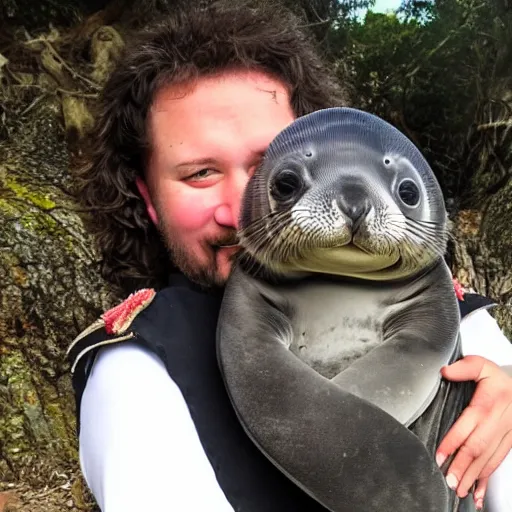 Image similar to incredibly fantastically stupendously fluffy tiny winged pygmy baby manatee seal hybrid being cradled by a nice pirate captain on an island, realistic, fantasy, pet, adorable, national geographic