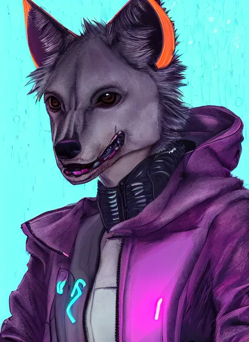 Image similar to digital artwork of anthromorphic hyena female, fursona, furry fandom, neon rainy cyberpunk setting, anthro, wearing cyberpunk 2 0 7 7 jacket, detailed face,