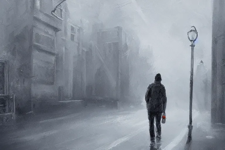 Prompt: concept art mood painting environment painting man walking down grey dull concreate alley winter arms in pockets. style of ryan church jon mccoy george hull painting