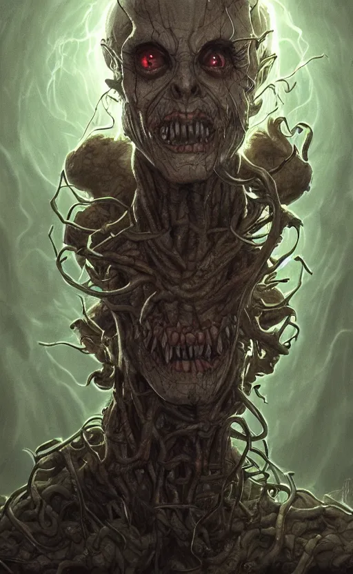 Image similar to full body portrait of Vecna from stranger things in the upside down, dynamic lighting, photorealistic, fantasy concept art, ambient lighting, atmospherical, stunning visuals, creative, cinematic, ultra detailed, trending on art station