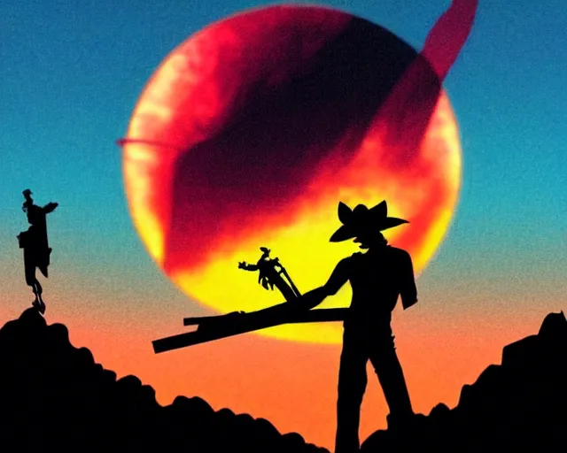 Image similar to cowboy bebop silhouette in the desert, synthwave