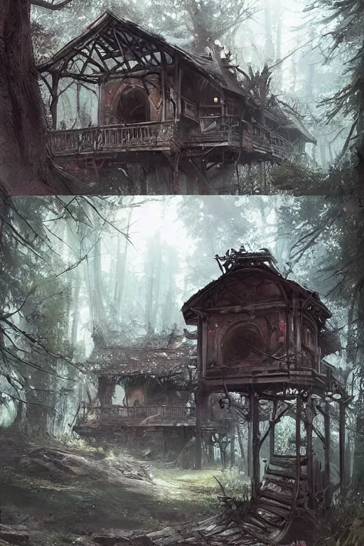 Image similar to a ramshackle multistory hut in the woods, well armored, intricate, elegant, fantasy, highly detailed, digital painting, concept art, sharp focus, illustration, beautiful volumetric lighting, artstation, art by artgerm and greg rutkowski