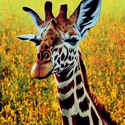 Image similar to photo of a beautiful giraffe with horns in a colorful meadow tom of finland style