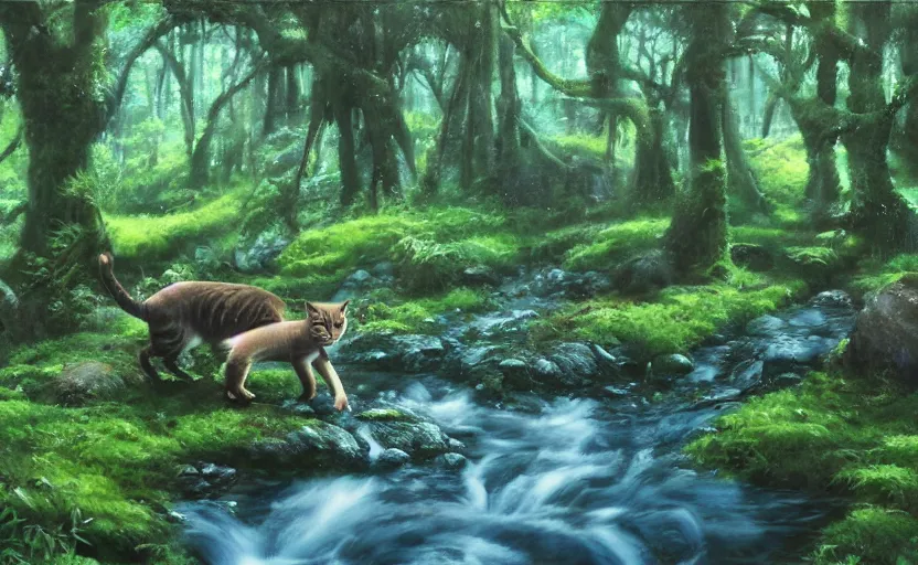 Image similar to wild cats in a clear water stream in a mossy fantastical forest, oil painting by Makoto Shinkai
