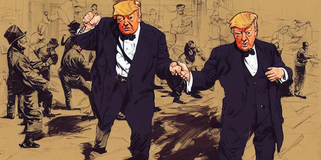Image similar to Winston Churchill teaching Trump karate. Epic painting by James Gurney and Laurie Greasley.