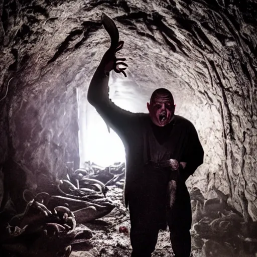 Image similar to big butcher man posing scarily, scary angry pose, cleaver, earie setting, in a dark cave, horror, hyperdetailed