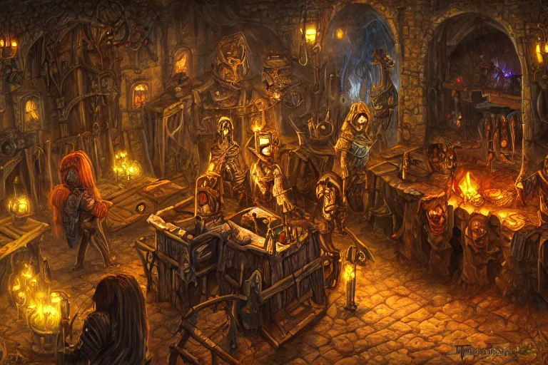 Prompt: Planescape Torment, inside the smoldering corpse bar, clean oil painting by thomas rocha