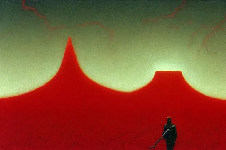 Image similar to only with red, red god of death eat apple, a futuristic city on mars in the background, red worms on the floor, in the style of beksinski, part by hopper, part by rodcenko, part by hofbauer, intricate composition, red by caravaggio, insanely quality, highly detailed, masterpiece, red light, artstation, 8 k