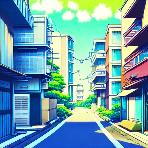 Image similar to anime tokyo residential quiet street scenery only wallpaper aesthetic, saturated colors, beautiful