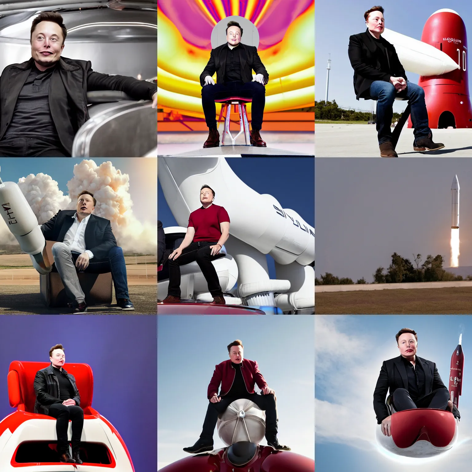 Prompt: elon musk sitting sidesaddle riding on a giant rocket