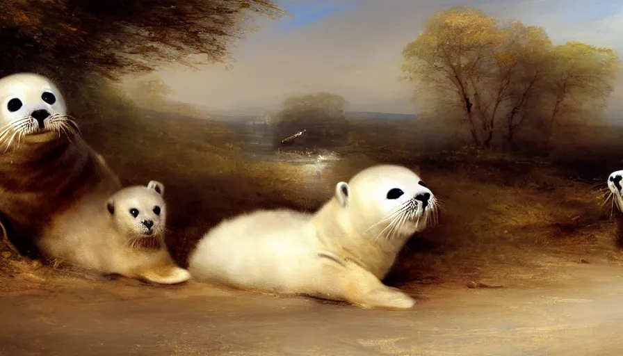 Prompt: highly detailed painting of cute furry white baby seals driving a car by william turner, by greg rutkowski, by william constable, thick brush strokes and visible paint layers, 4 k resolution