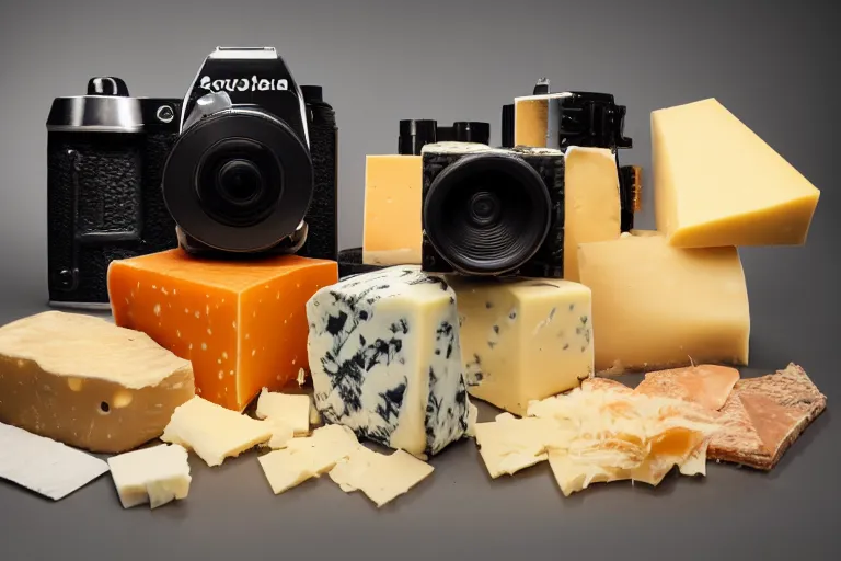 Image similar to a camera made of various types of cheese, Photo, photorealistic, details, studio lights