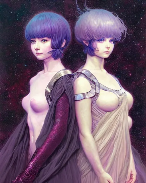 Image similar to portrait of two beautiful cute young maiden girls with short white hairs in warhammer armor, art by ( ( ( kuvshinov ilya ) ) ) and wayne barlowe and gustav klimt and artgerm and wlop