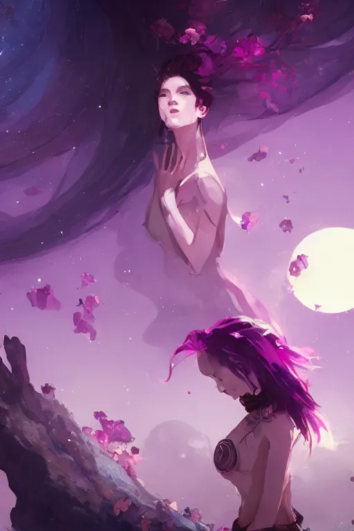 Image similar to A beautiful woman with medium magenta hair covering her face basking in the moonlight on an obsidian crystal bed below planets, tall tree, cinematic lighting, dramatic atmosphere, by Dustin Nguyen, Akihiko Yoshida, Greg Tocchini, Greg Rutkowski, Cliff Chiang, 4k resolution, trending on artstation