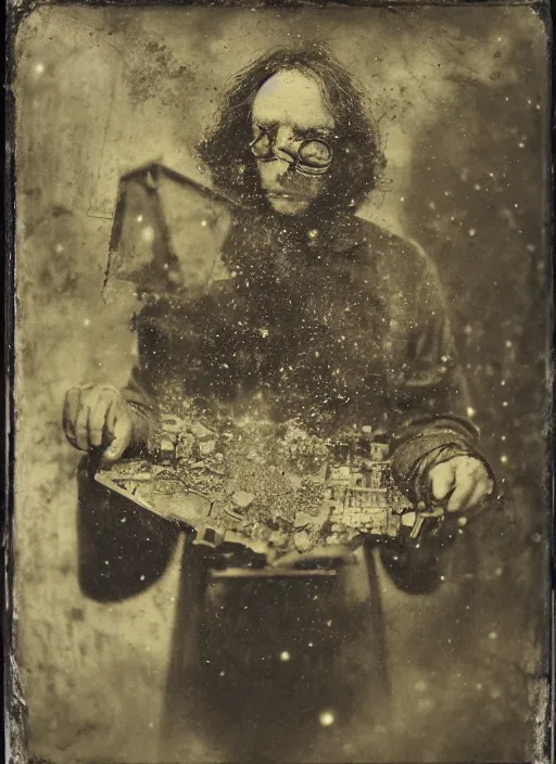 Image similar to old wetplate daguerreotype archetype portrait of a architect, explosion of data fragments, fractal, intricate, elegant, highly detailed, parallax, leica, medium format, subsurface scattering, by jheronimus bosch and greg rutkowski and louis jacques mande daguerre