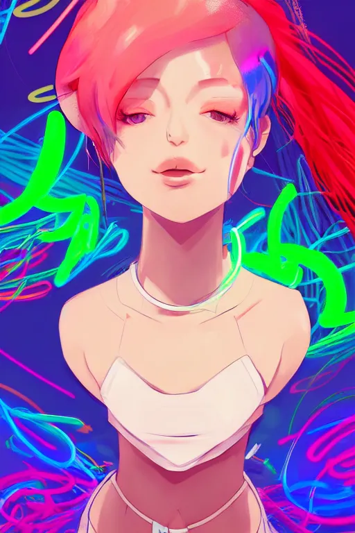 Image similar to a award winning portrait of a beautiful woman with stunning eyes in a one off shoulder croptop and cargo pants with rainbow colored hair, outlined by whirling illuminated neon lines and fine lines swirling in circles by makoto shinkai, digital art, trending on artstation