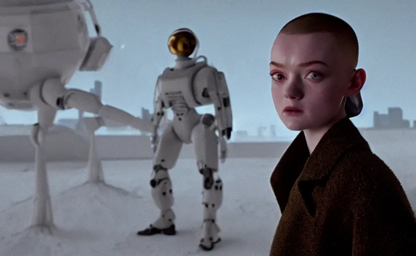 Prompt: sadie sink with buzz cut hair in oversized man's coat : a still from a scifi soviet cyberpunk film from 1 9 8 0 s. by steven spielberg and james cameron. 6 5 mm low grain film stock. sharp focus, realistic facial expression, perfect anatomy, global illumination, radiant light, detailed and intricate environment, trending on artstation