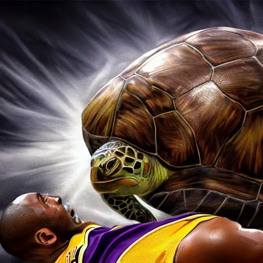 Image similar to kobe bryant kissing a giant turtle in heaven, photorealistic, side view, amazing digital art, amazing detail, fantasy art, artstatiom, cgsociety, epic art