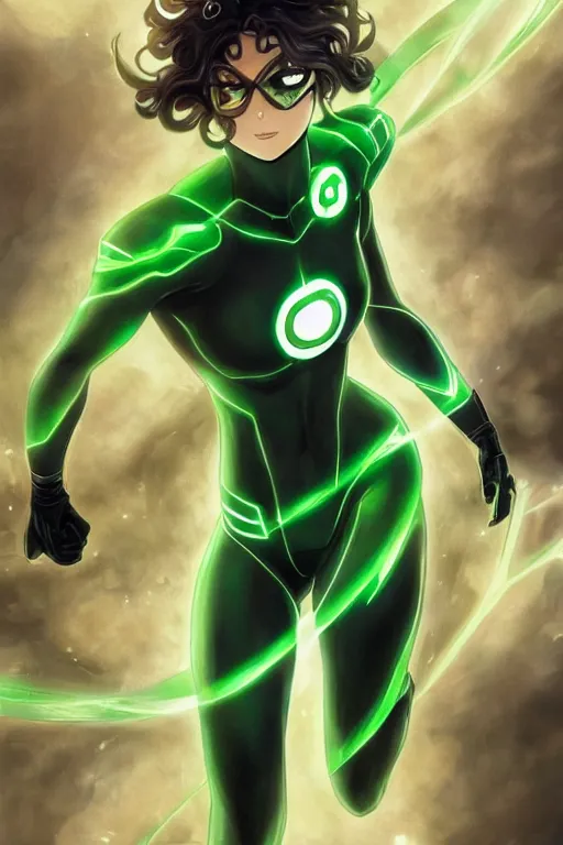 Image similar to anime key visual of a beautiful young female green lantern!! intricate, green and black suit, glowing, powers, dc comics, cinematic, stunning, highly detailed, digital painting, artstation, smooth, hard focus, illustration, art by artgerm and greg rutkowski and alphonse mucha