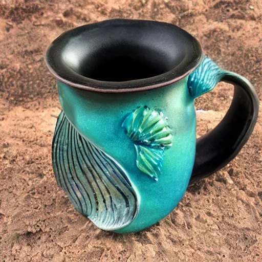 Image similar to a ceramic realistic mermaid sculpture mug, creative, beautiful, award winning design, functional, colorful