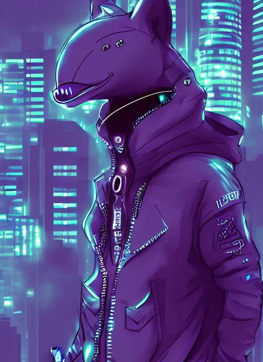 Image similar to beautiful portrait commission of a male furry anthro dolphin fursona wearing cyberpunk skater clothes. Cyberpunk city at night