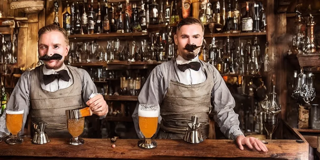 Prompt: medieval barkeep serving up ale, fantasy, cheery, moustache, realistic still