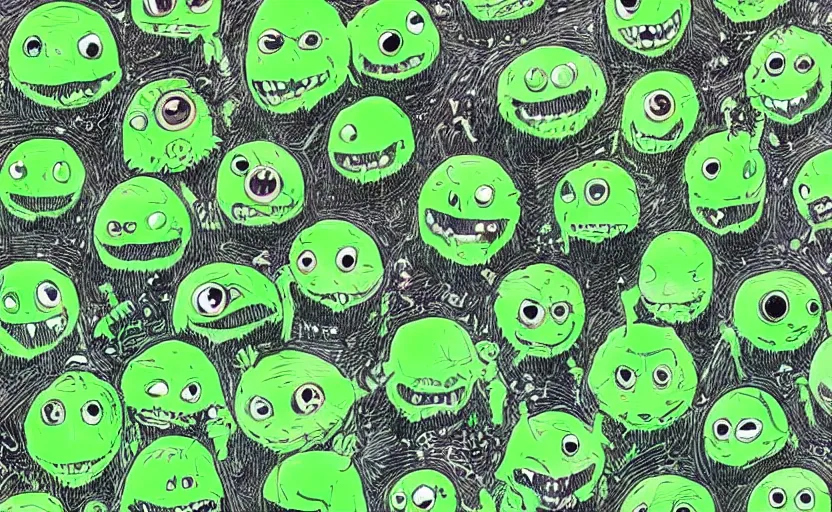 Prompt: an army of different green tennis ball monsters, in space, digital art, fantasy, magic, chalk, chalked, trending on artstation, ultra detailed, detailed, fine details, professional illustration by basil gogos