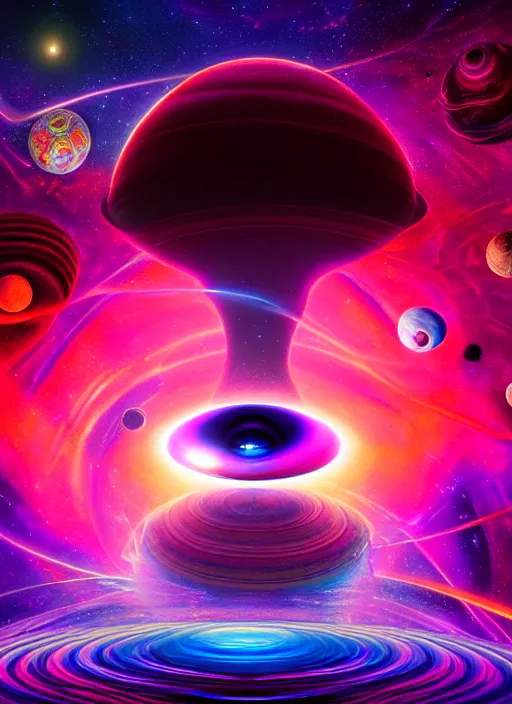 Image similar to psychedelic travelers, planets and mushrooms, psychedelic blackhole swirled imagery by artgerm, pablo amaringo, greg rutkowski, louis dyer visionary art. space art. lucien rudaux, cosmos, vivid colors, sharp edges. ultra clear detailed. 8 k. elegant, intricate, octane render