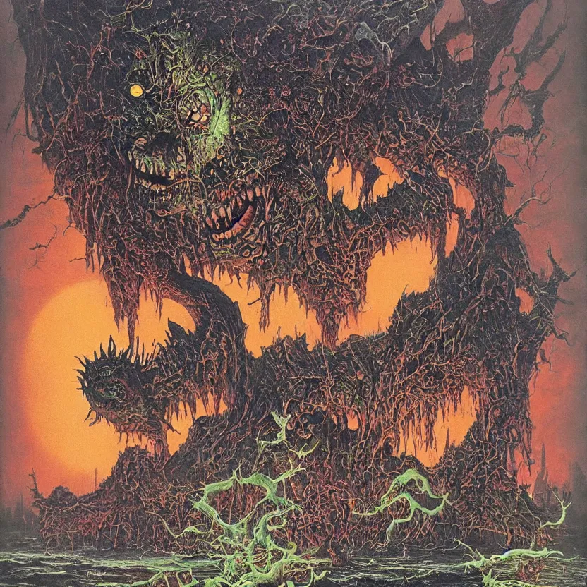 Prompt: a monster coming out of a painting. goosebumps cover art by tim jacobus, bruce pennington, richard corben, and bruce pennington. pulp horror art.