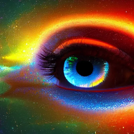 Prompt: iridescent eye reflecting the cosmos, hyperrealistic, octane render, 4k