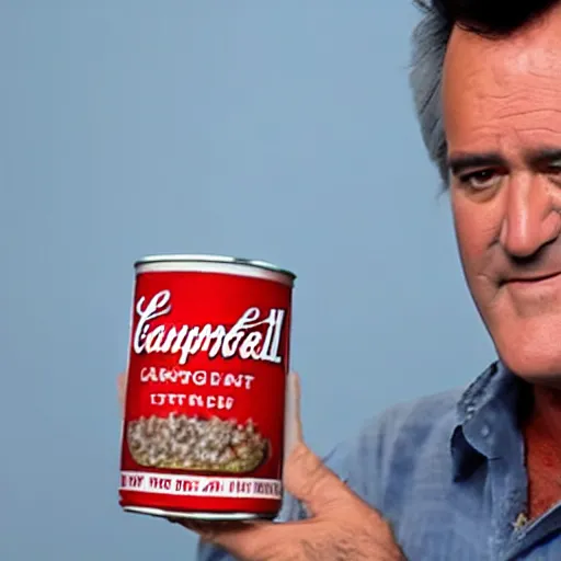 Image similar to Bruce Campbell holding can of campbell soup to the camera, 4k,