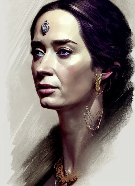 Image similar to portrait of emily blunt as beautiful queen, jewelry, greek, dark, victorian age, 1 8 9 0, intricate, headshot, key visual, conceptart, ambient lighting, highly detailed, digital painting, artstation, concept art, sharp focus, by makoto shinkai and akihiko yoshida and greg manchess