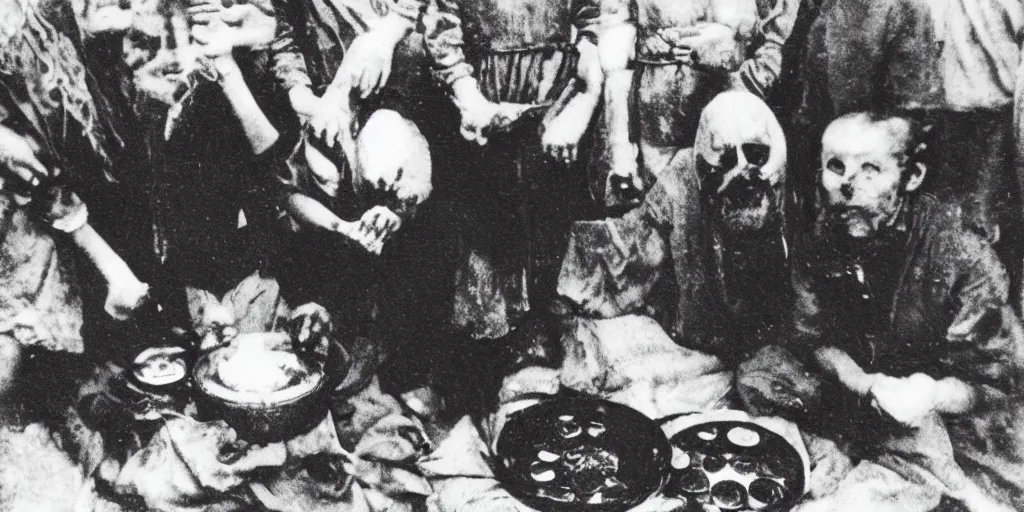 Prompt: creepy photo of people in the 1930\'s holding a ritual around a small black stone, 70mm film, old film, found film, scary, ominous, disturbing