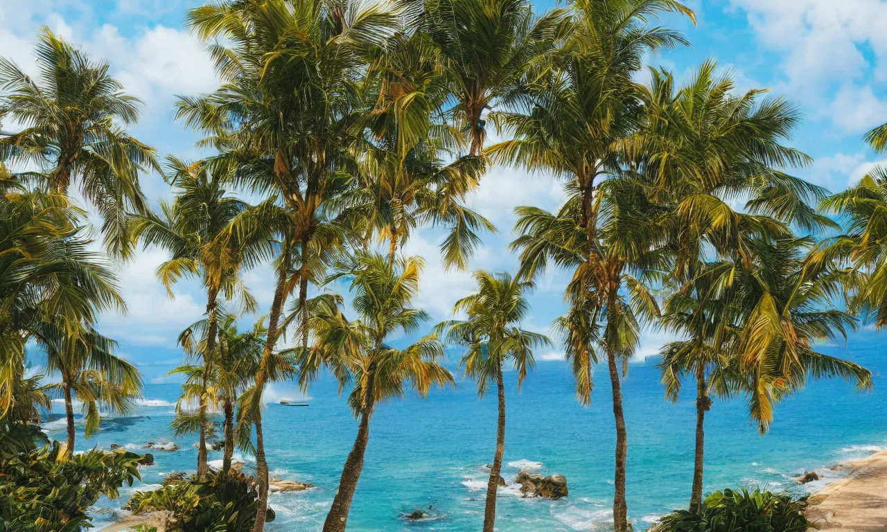 Prompt: Beautiful magical palm beach, trending on artstation, 50mm