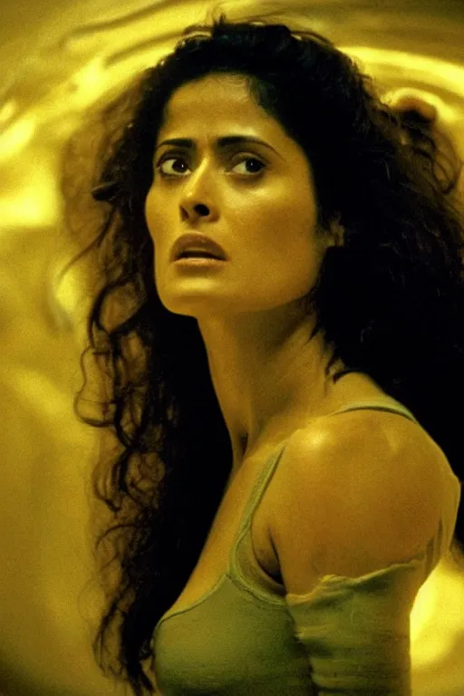 Image similar to film still of salma hayek in the movie Alien, captured in a creamy alien substance, scary, cinematic shot, 4k.