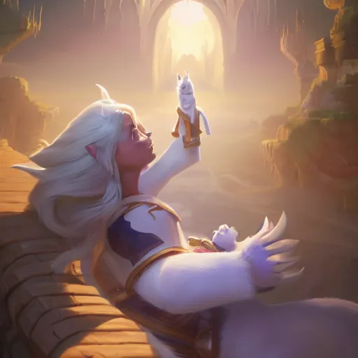 Image similar to jaina proudmoore pets a white kitty, world of warcraft, digital art, dmitry prozorov style, artstation, rhads and greg rutkowski and james gurney, extremely detailed, volumetric lighting, ultra quality, 8 k, sharp focus, ray tracing