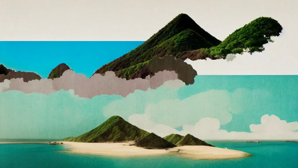 Image similar to dramatic landscape of amami oshima, japan, a collage painting, in the style of wes anderson, lola dupre, david hockney, isolated on negative white space background dark monochrome neon fluorescent spraypaint accents volumetric octane render