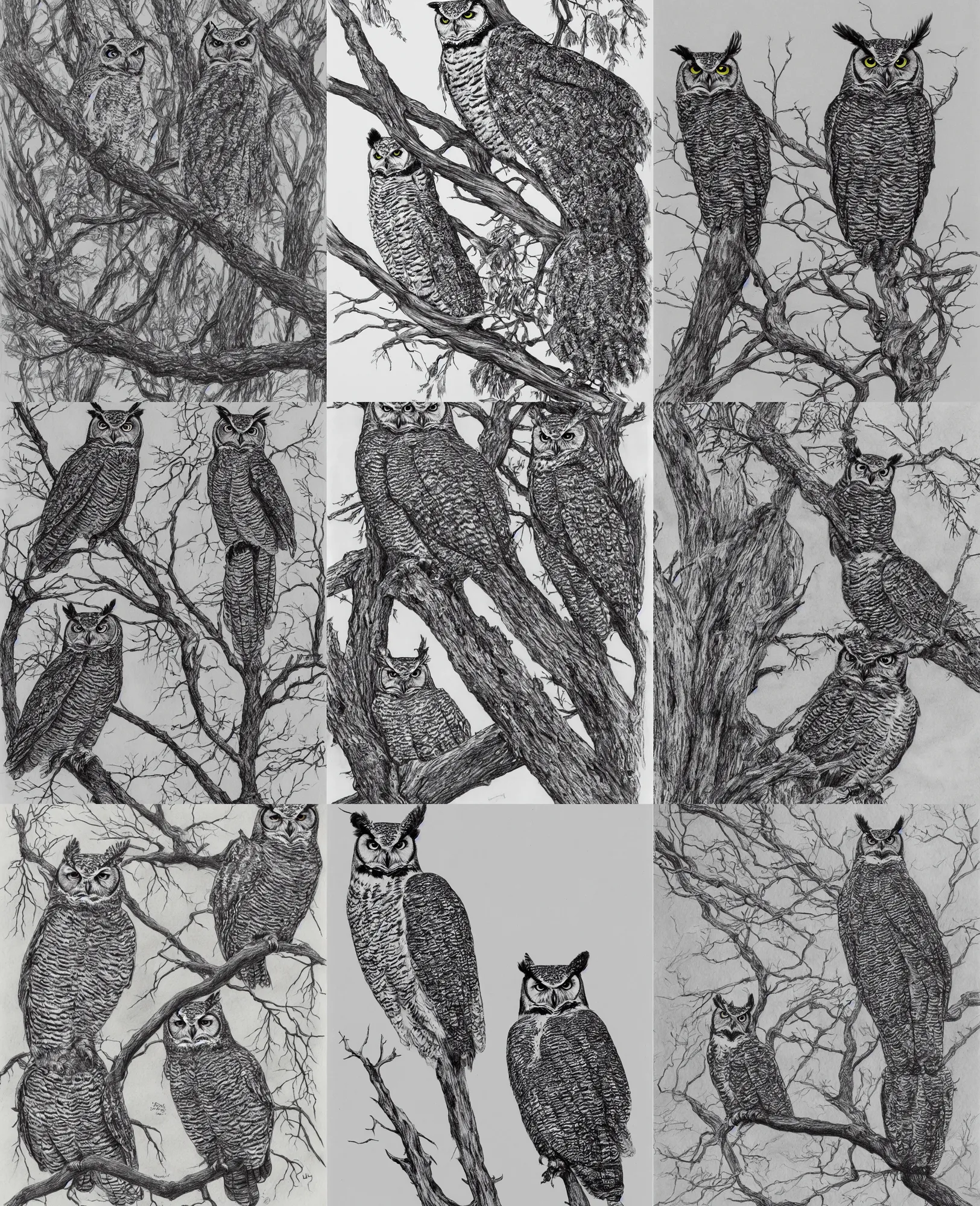 Prompt: individual, one, great horned owl standing on a branch, by Dore, realistic line drawing, black and white, pen & ink drawing, concept art