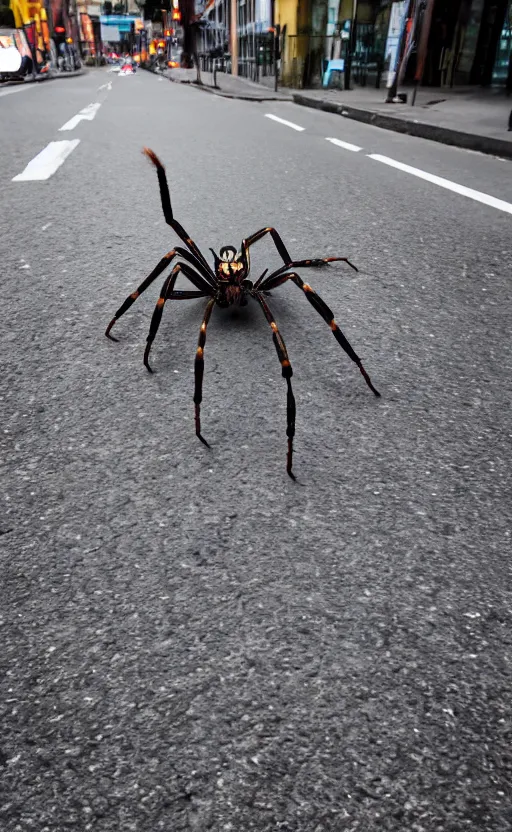 Prompt: a huge spider running cross the road, realistic, 3 5 mm, 4 k