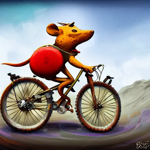 Image similar to bike made of swiss cheese wheels, a cartoonish rat riding the bike on the surface of the moon and, digital painting, greg rutowski, artstation