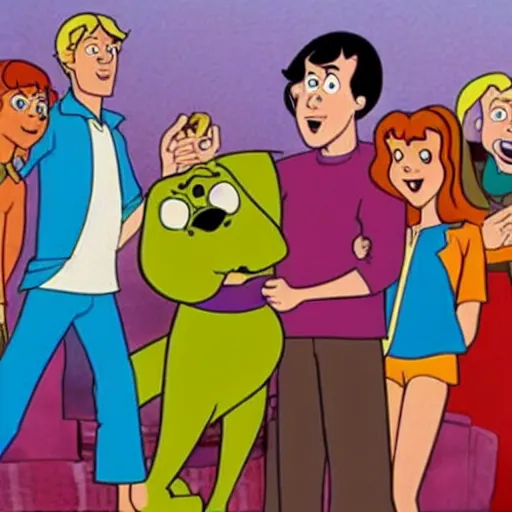 Prompt: scooby - doo on deathbed, freinds and family surround him with love, shaggy holding his paw, uplifting, hospice, hannah barbera, animated tv show