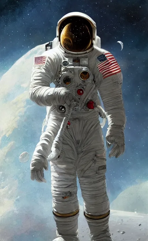 Image similar to a beautiful artwork half-body portrait of an astronaut on the moon, by greg rutkowski and jesper ejsing and raymond swanland, featured on artstation, wide angle, vertical orientation